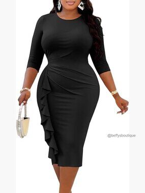 Plus Size 3/4 Sleeve Ruffle Pencil Midi Dress Bodycon Work Church Dress